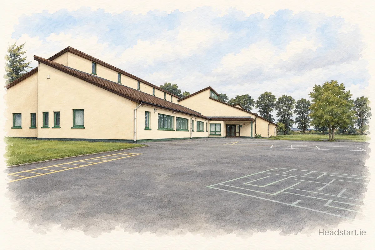 Watercolour illustration of the Scoil Náisiúnta Naomh Fhiach building, Graiguecullen