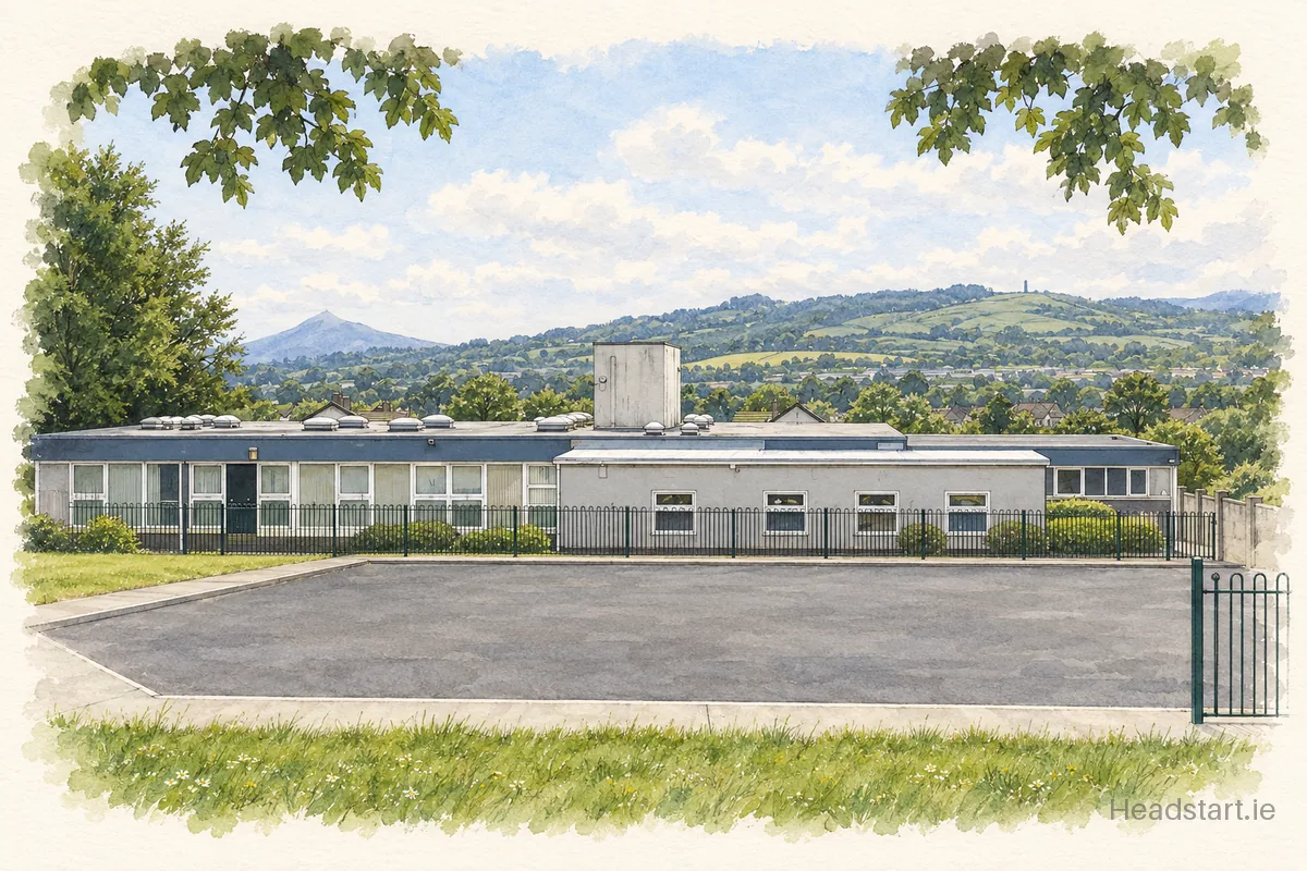 Watercolour illustration of the St Johns National School building, Ballybrack
