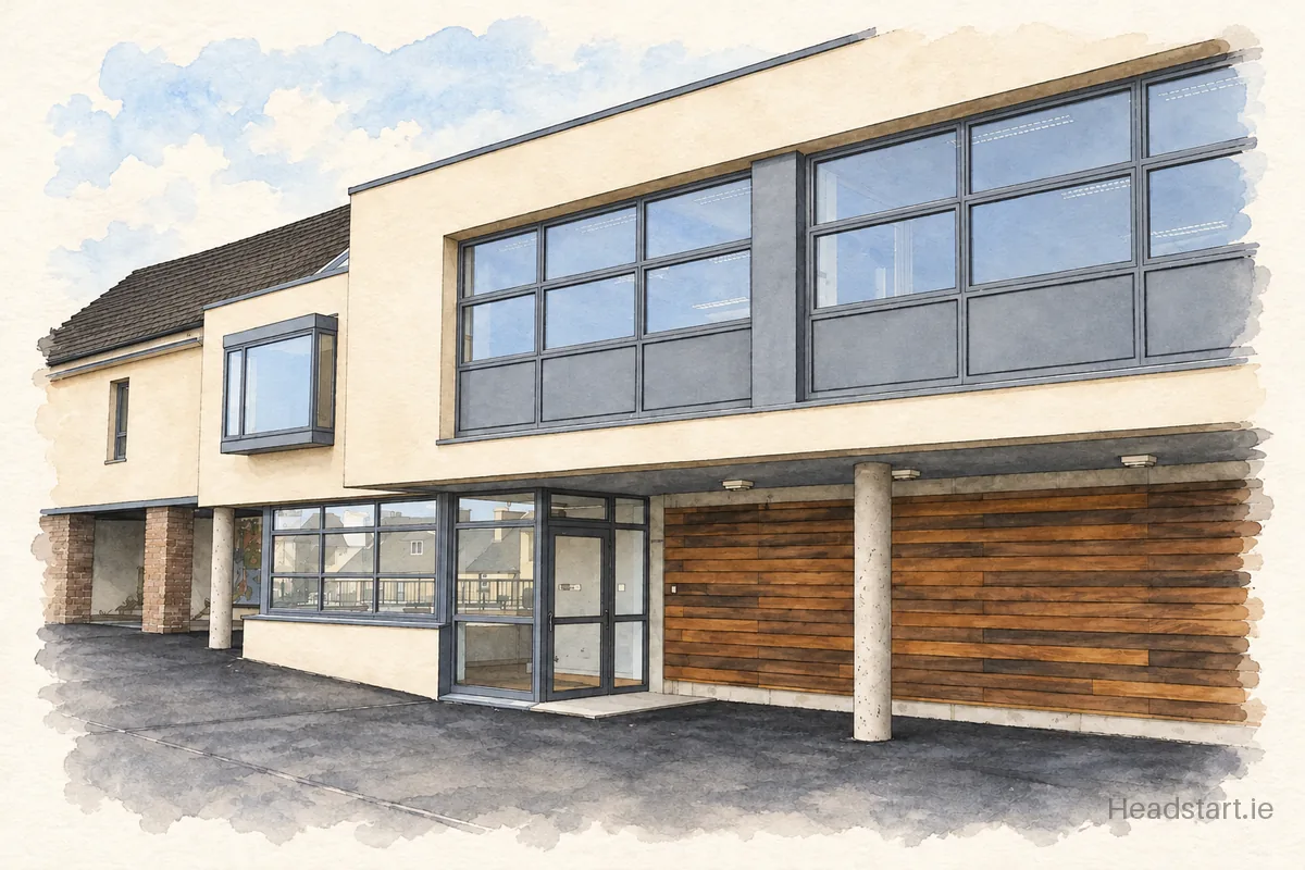 Watercolour illustration of the Scoil Aodh Rua & Nuala building, Donegal Town