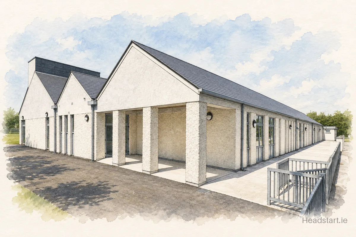 Watercolour illustration of the Scoil Mhuire building, Galway