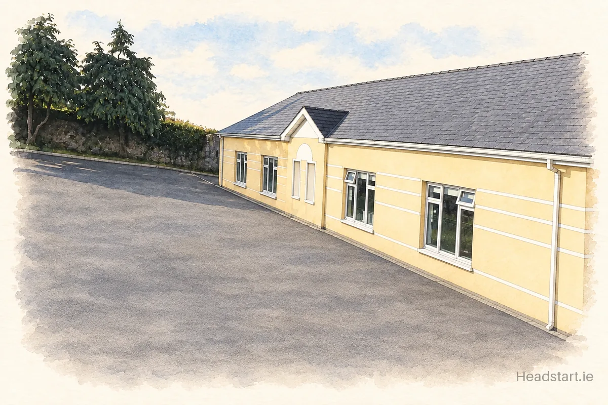 Watercolour illustration of the Scoil Iosagain building, Buncrana