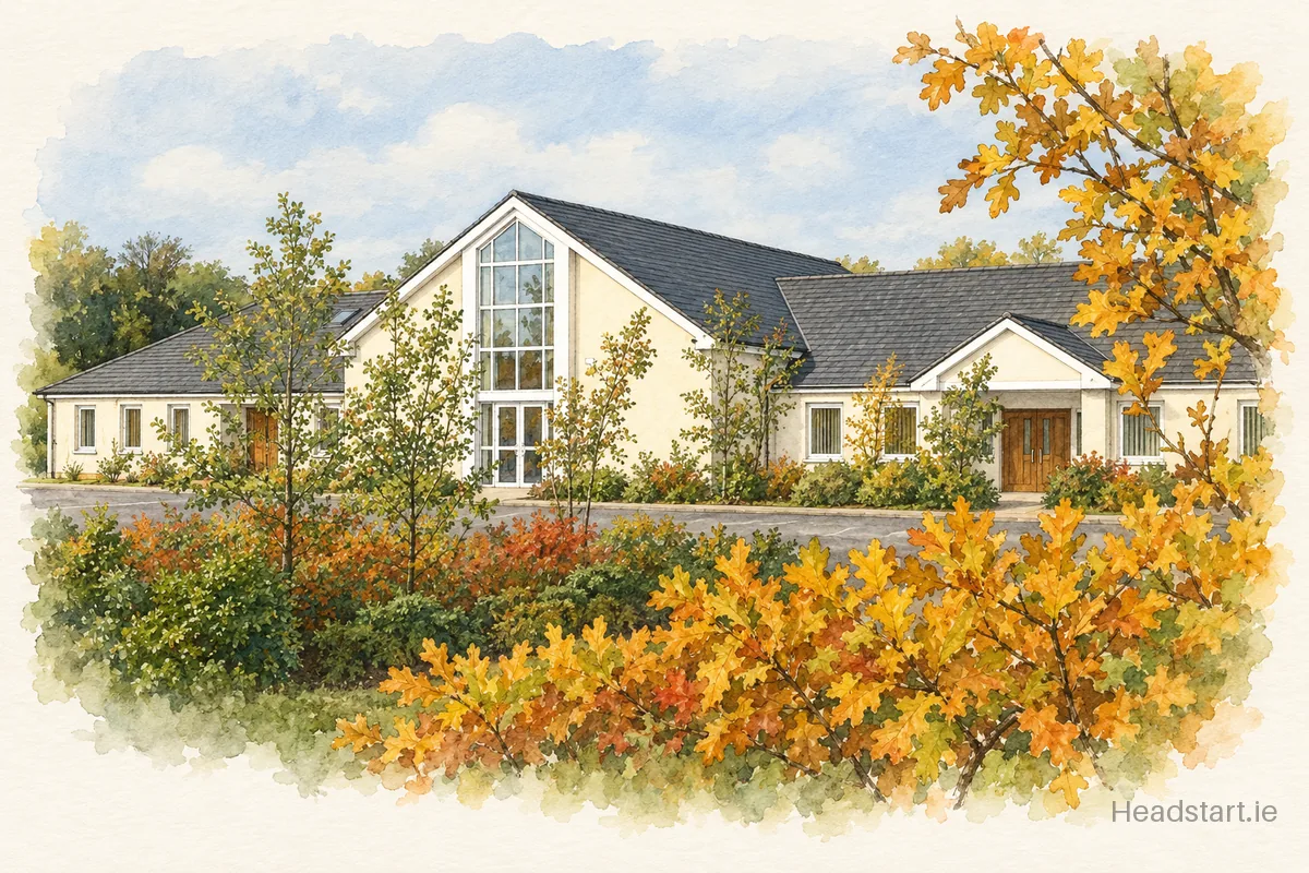 Watercolour illustration of the Scoil Uí Cheithearnaigh building, Ballinasloe