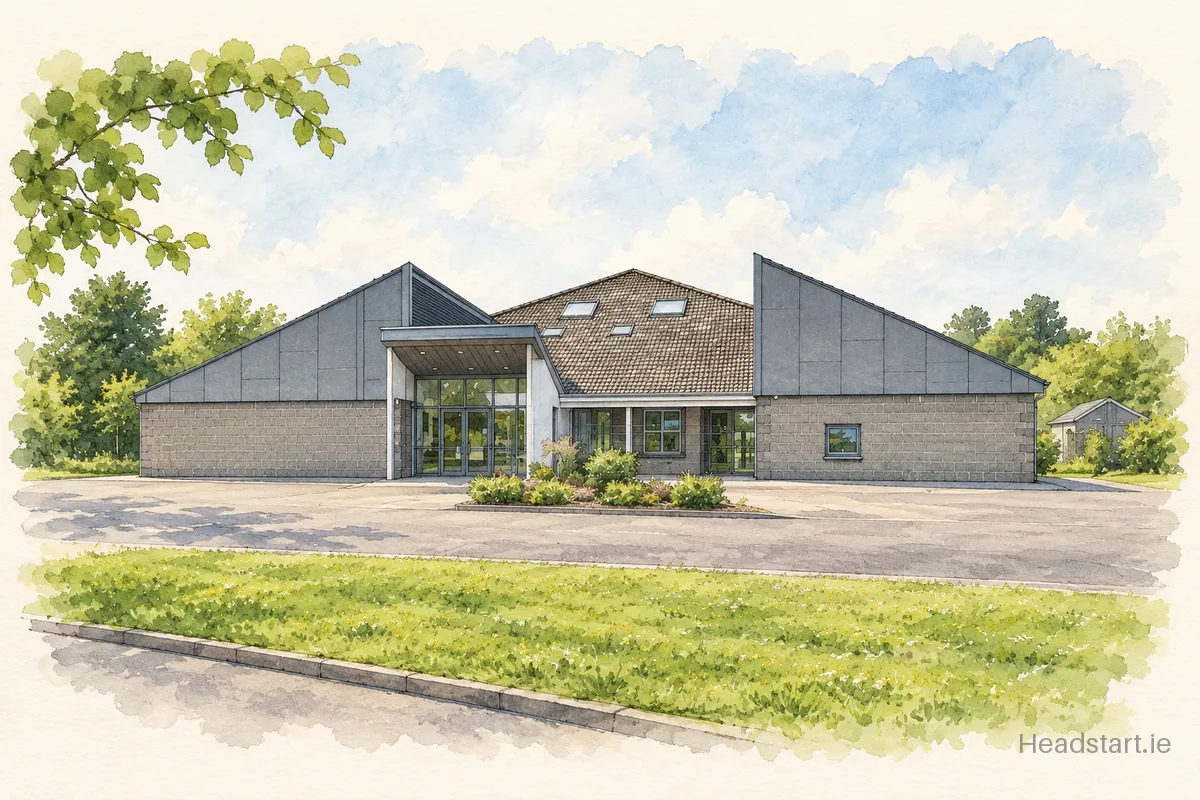 Watercolour illustration of the Gaelscoil Adhamhnain building, Letterkenny