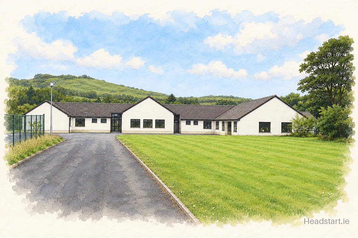 Watercolour illustration of the Scoil Mhuire building, Clifden