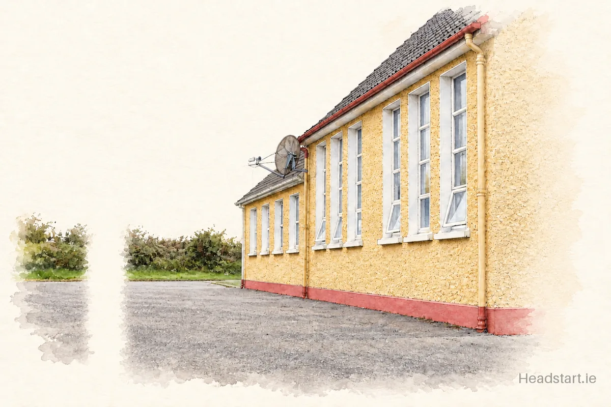 Watercolour illustration of the Maulatrahane Central National School building, Skibbereen
