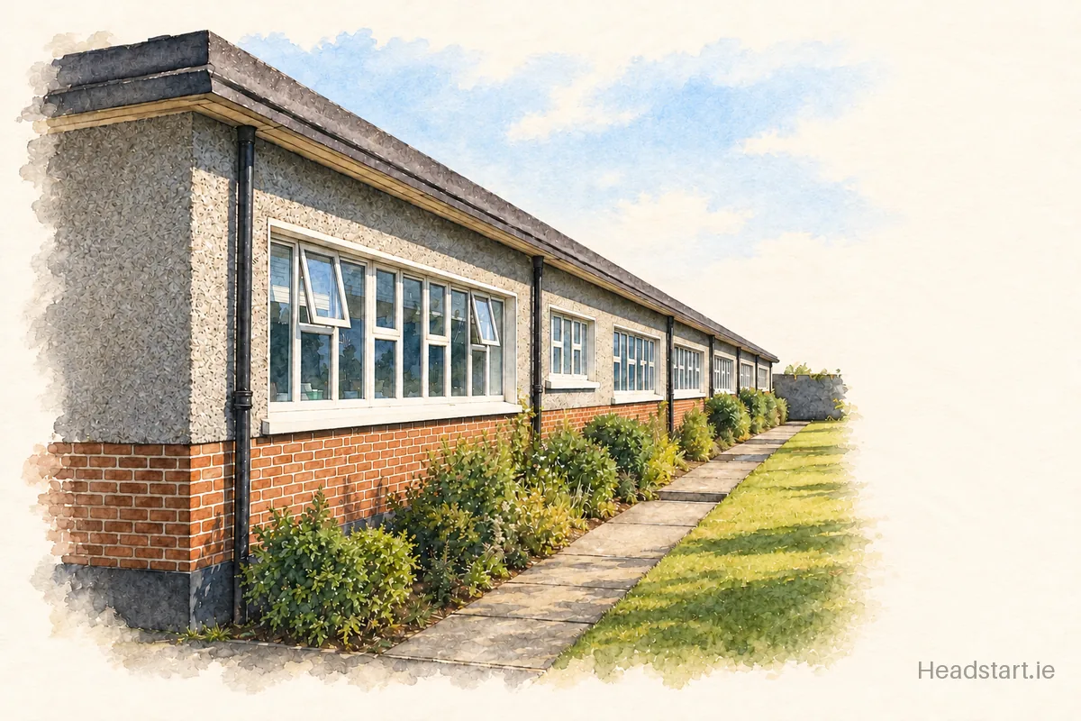 Watercolour illustration of the St Kevins National School building, Sallynoggin