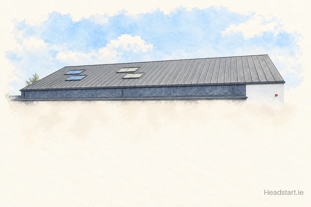 Watercolour illustration of the Scoil Mhuire National School building, Newtownforbes