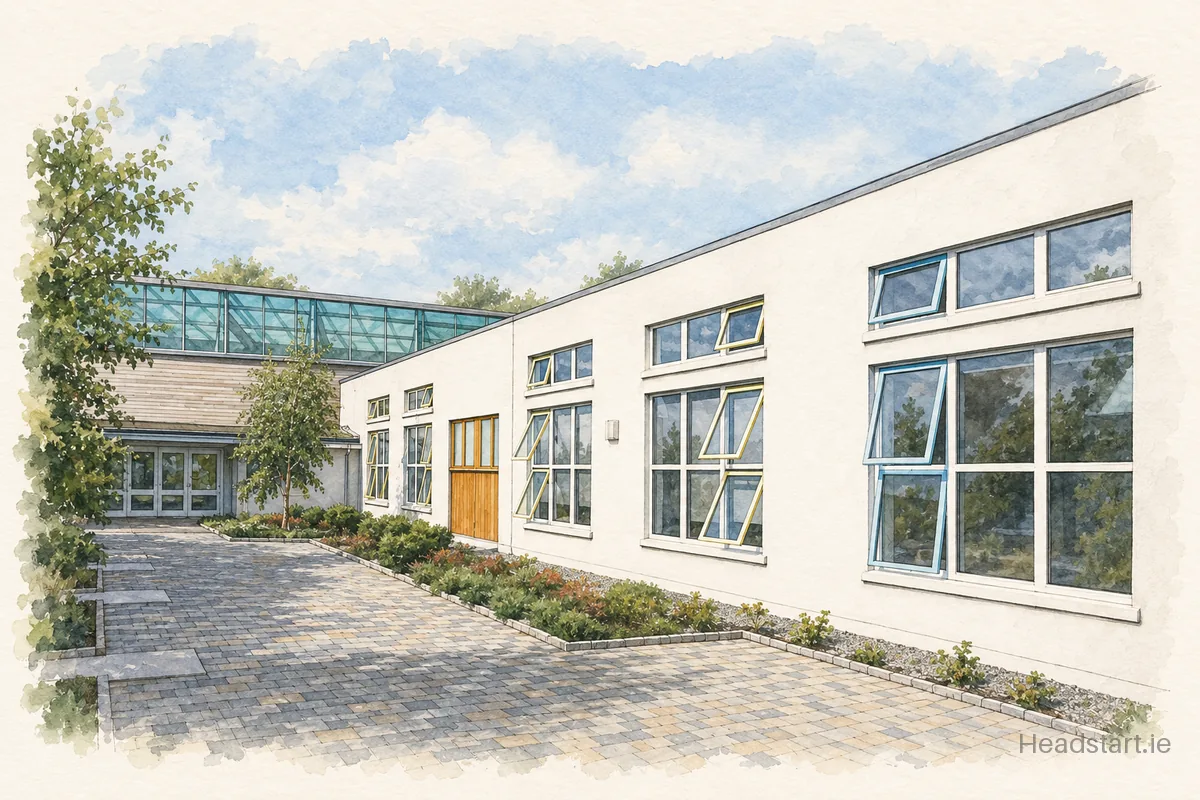 Watercolour illustration of the Gaelscoil An Eiscir Riada building, Tullamore