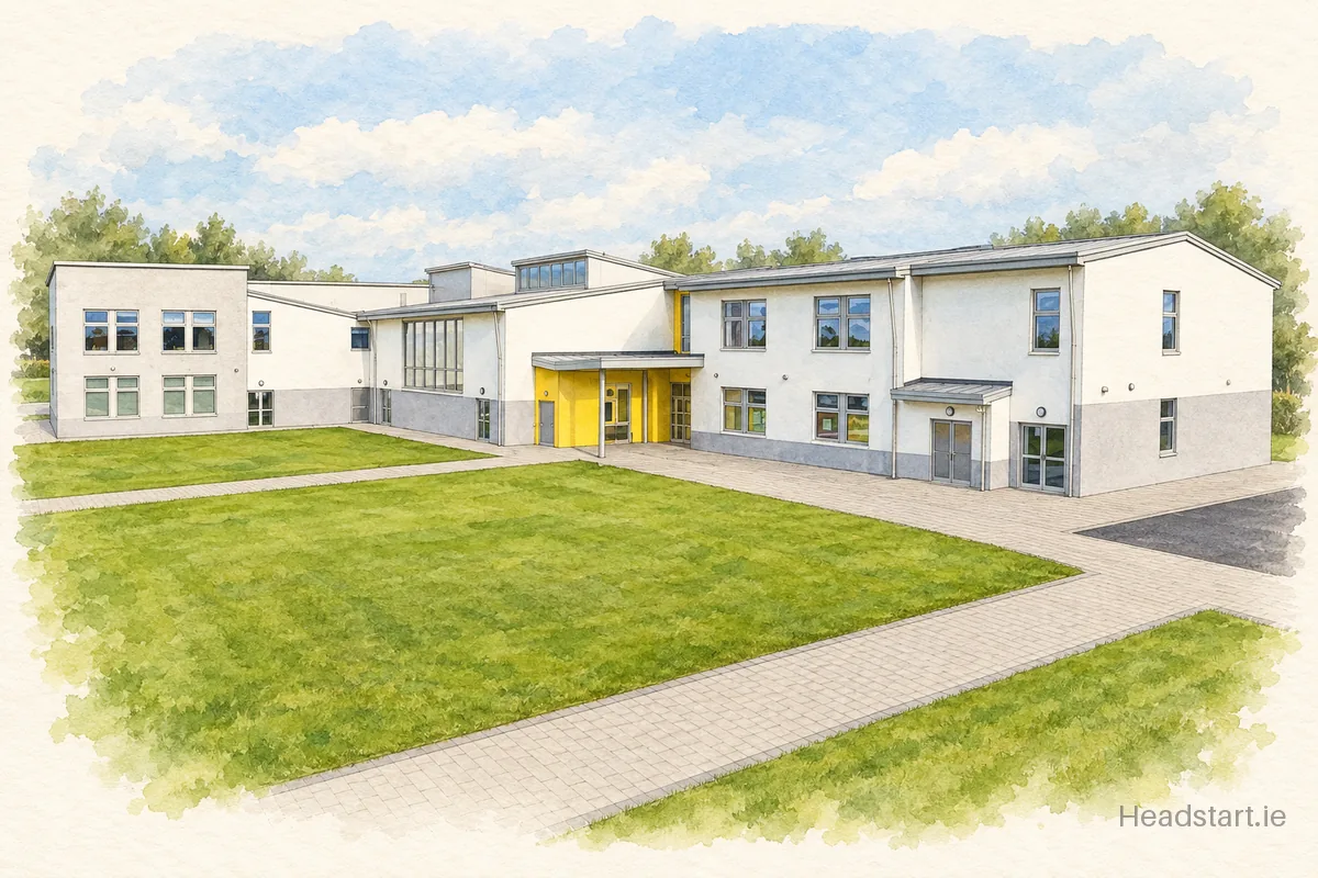 Watercolour illustration of the Gaelscoil An Ghoirt Alainn building, Cork (northside)