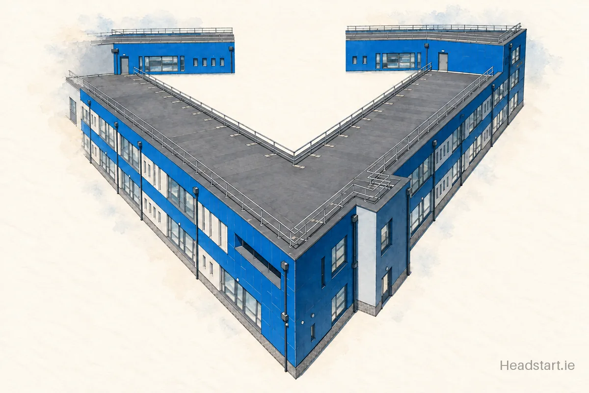 Watercolour illustration of the Gaelscoil Mhic Amhlaigh building, Galway