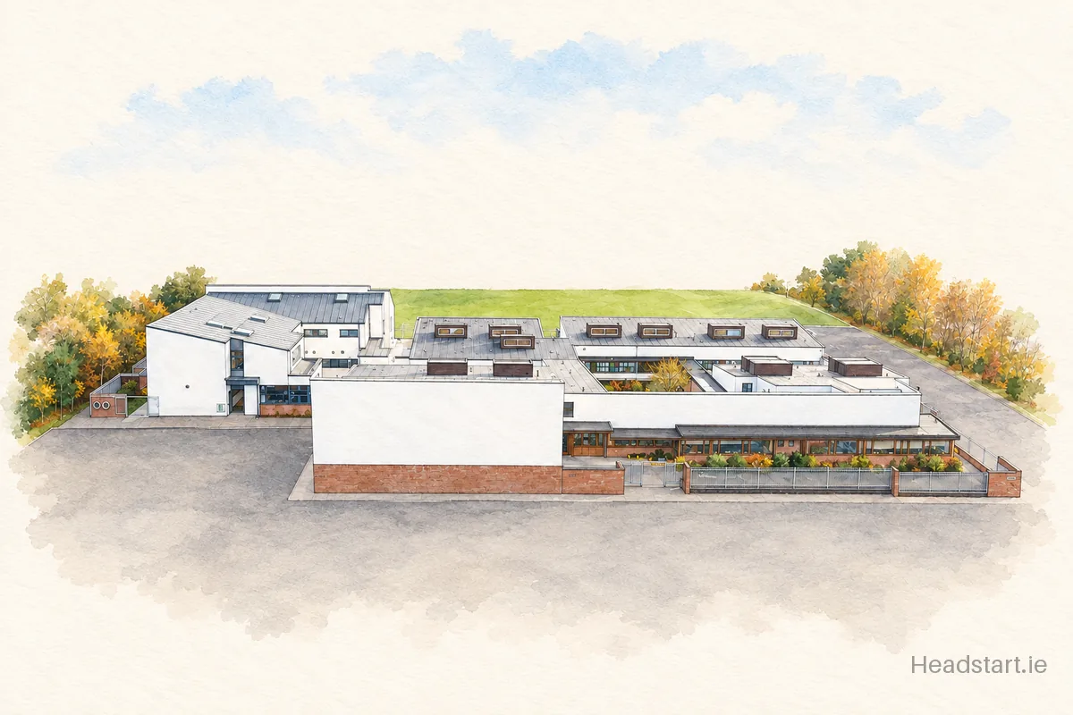 Watercolour illustration of the North Kildare Educate Together School building, Celbridge
