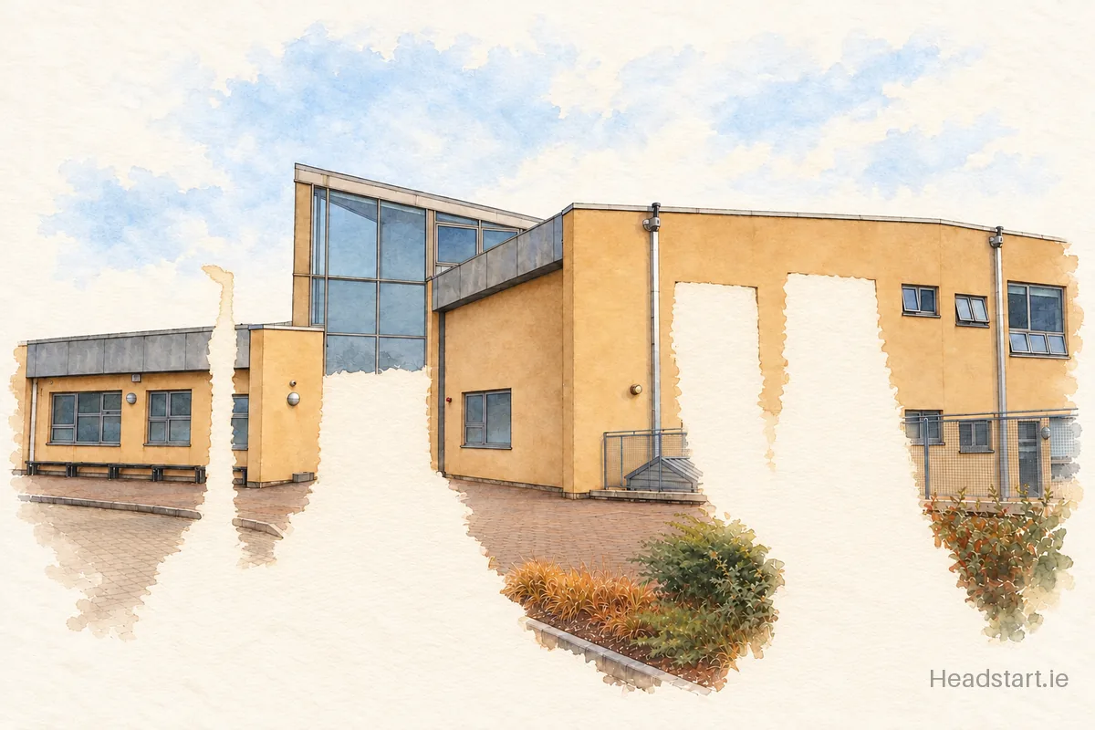 Watercolour illustration of the Gaelscoil Bheanntrai building, Bantry