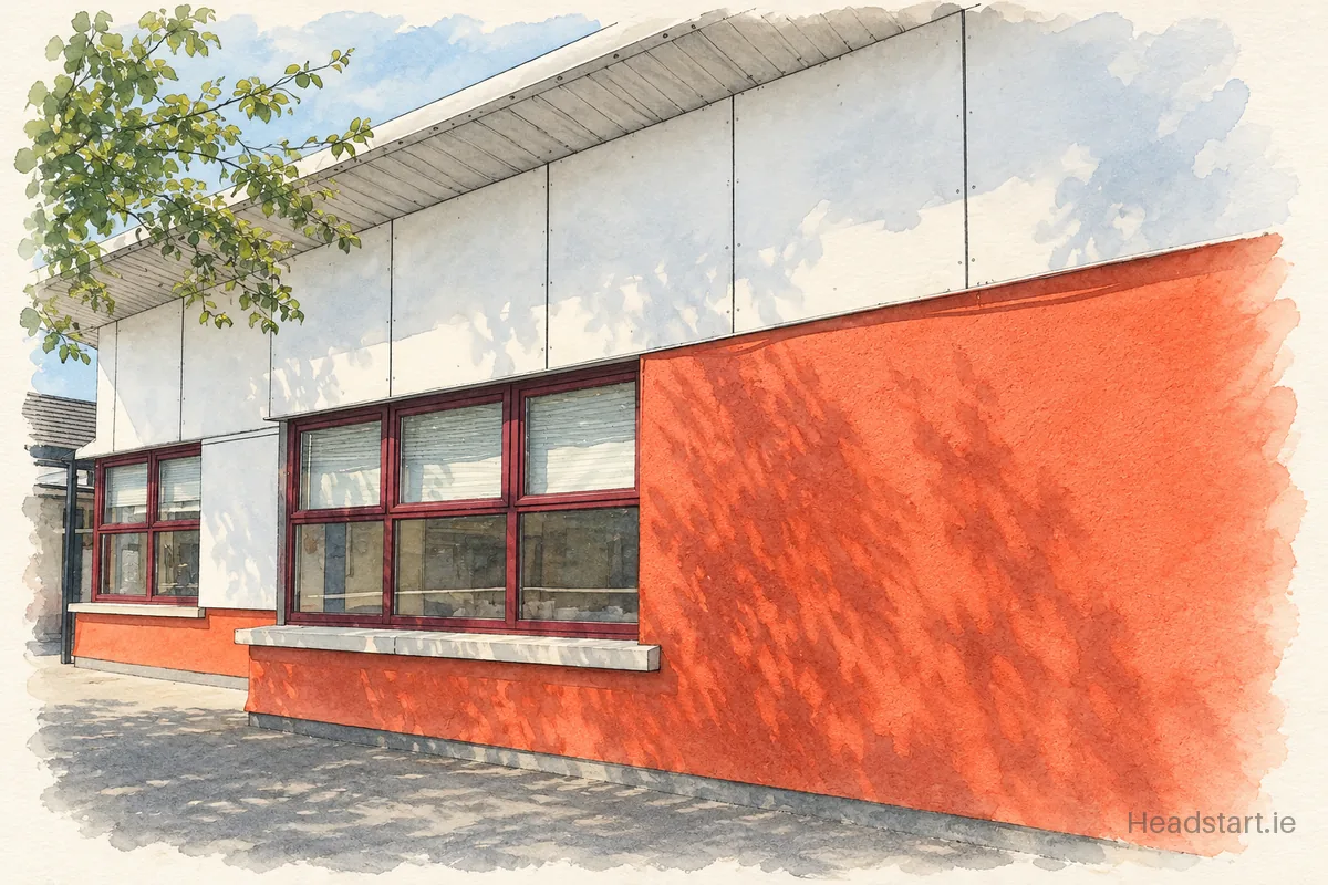 Watercolour illustration of the Gaelscoil An Mhuilinn building, Mullingar