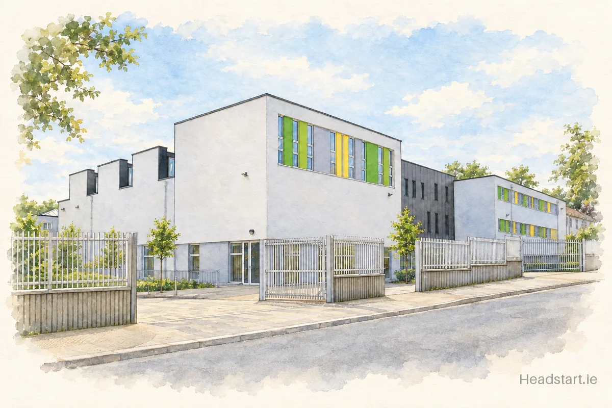 Watercolour illustration of the St Aidans Primary School building, Enniscorthy