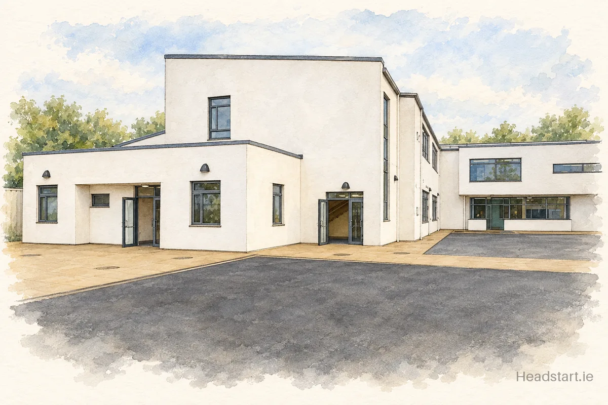 Watercolour illustration of the Gaelscoil Chluain Meala building, Clonmel