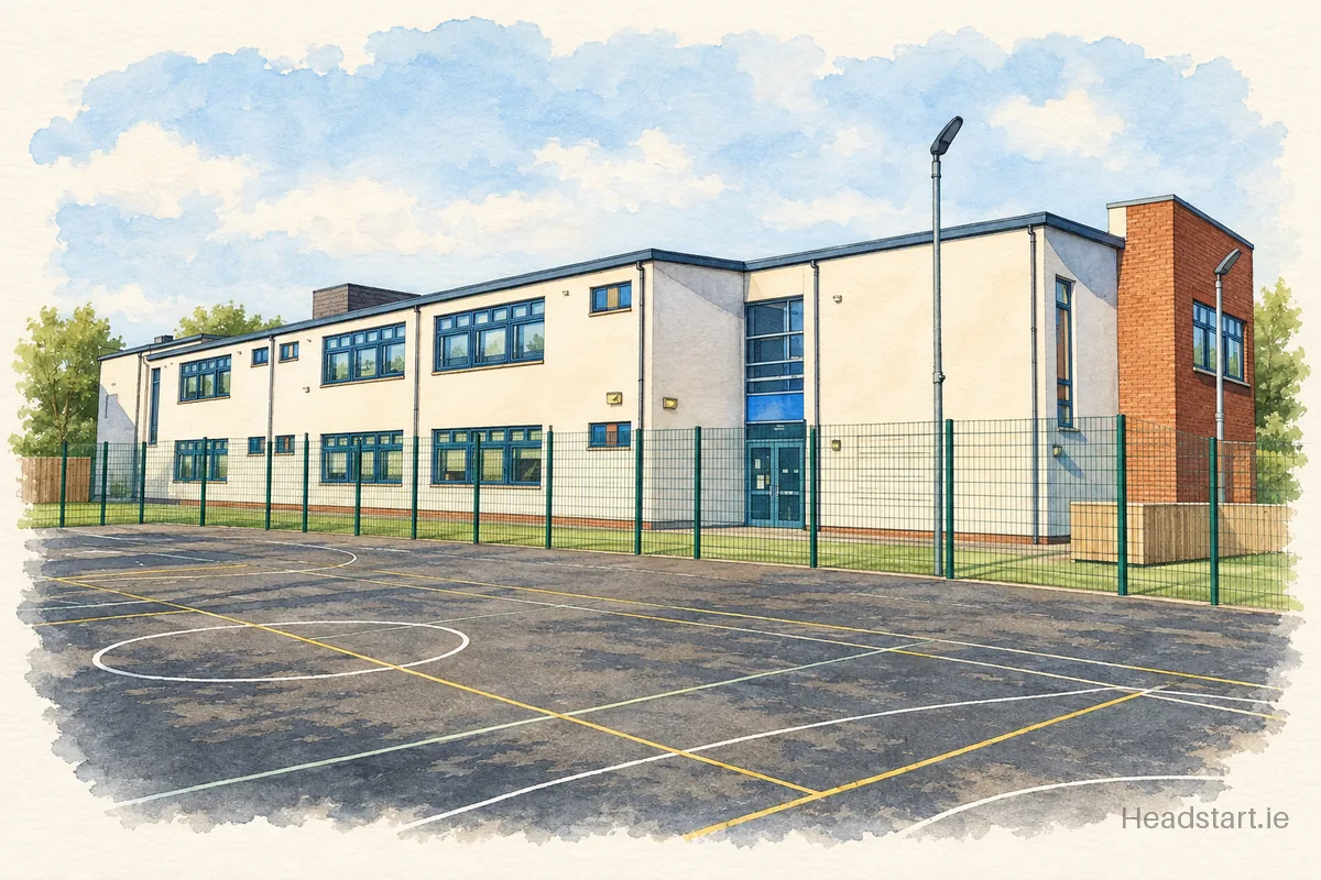 Watercolour illustration of the Gaelscoil Bhaile Munna building, Baile Munna