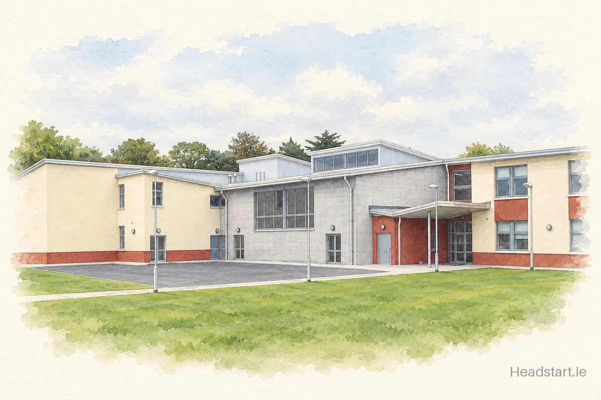 Watercolour illustration of the Gaelscoil Thaobh Na Coille building, An Chéim