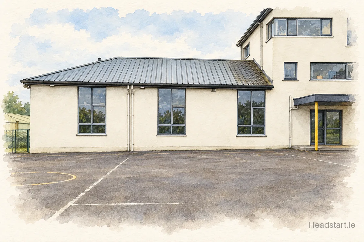 Watercolour illustration of the Gaelscoil Dhroichead Na Banndan building, Bandon