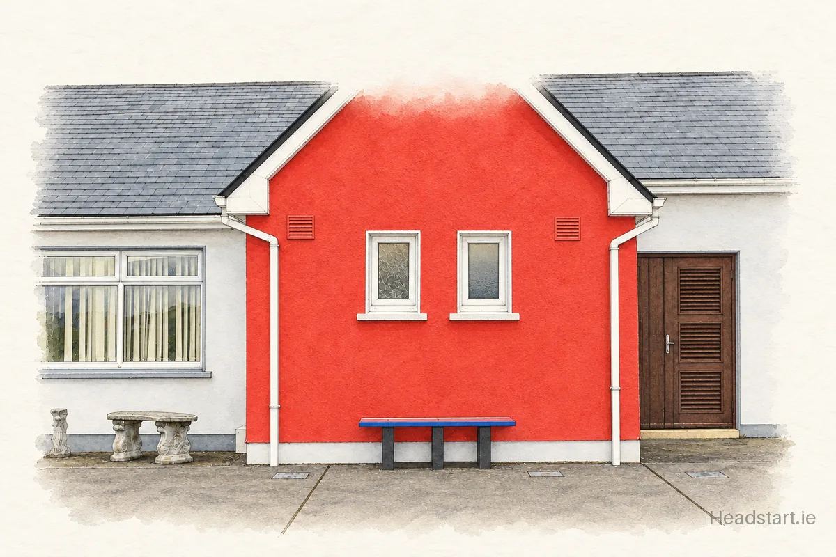 Watercolour illustration of the Scoil Náisiúnta Padraig Naofa building, Westport