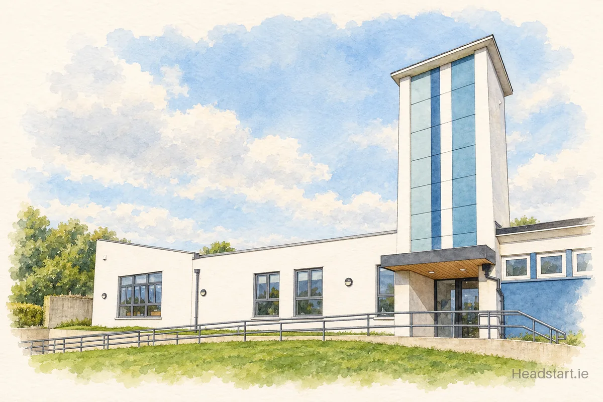 Watercolour illustration of the Scoil Naomh Iosaf building, Baltinglass