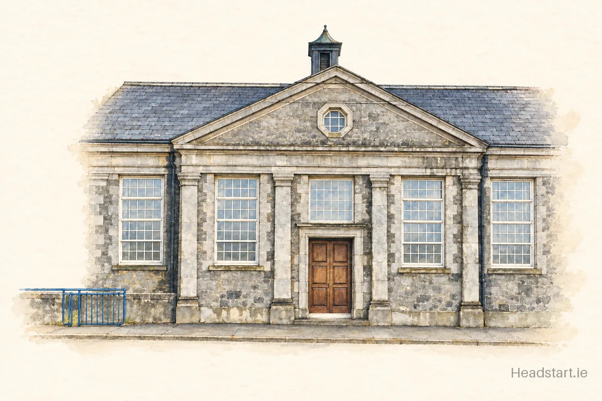 Watercolour illustration of the Ballinasloe National School building, Ballinasloe