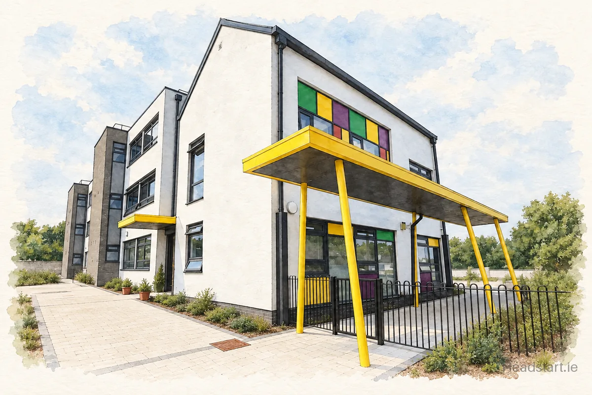 Watercolour illustration of the Gaelscoil Chnoc Liamhna building, BOTHAR CNOC LIAMHNA