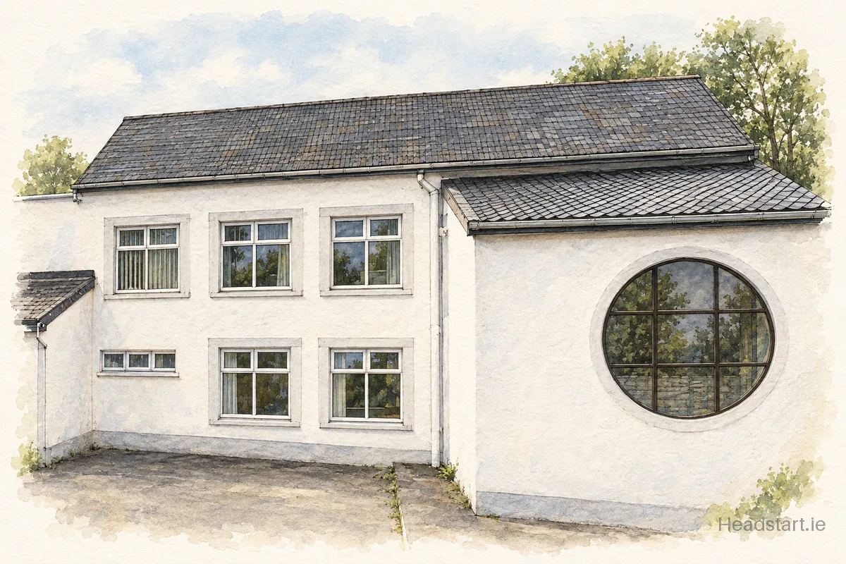 Watercolour illustration of the Gaelscoil Chnoc Na Re building, Sligo