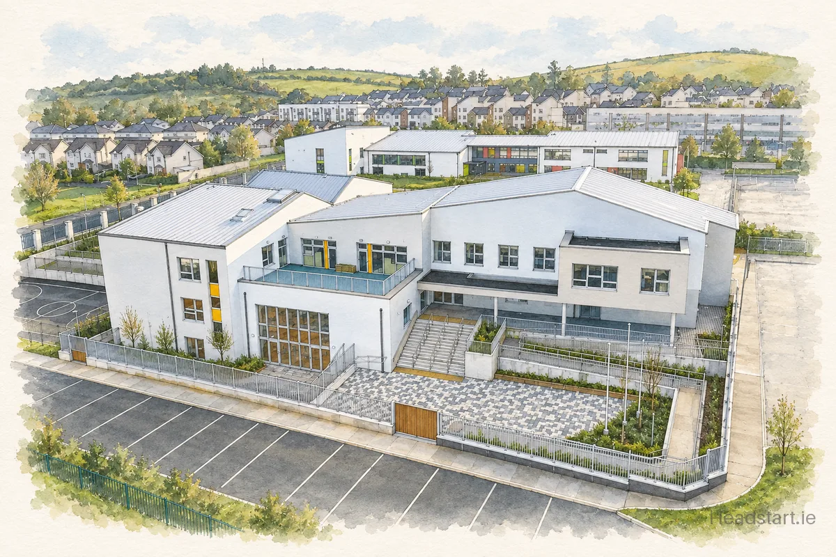 Watercolour illustration of the Gaelscoil Chill Mhantain building, Rathnew