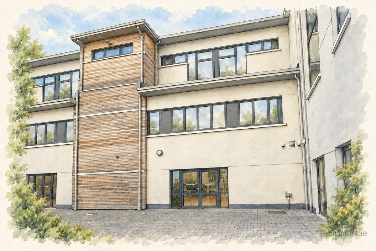 Watercolour illustration of the Gaelscoil Bharra building, Ascal an Fhasaigh