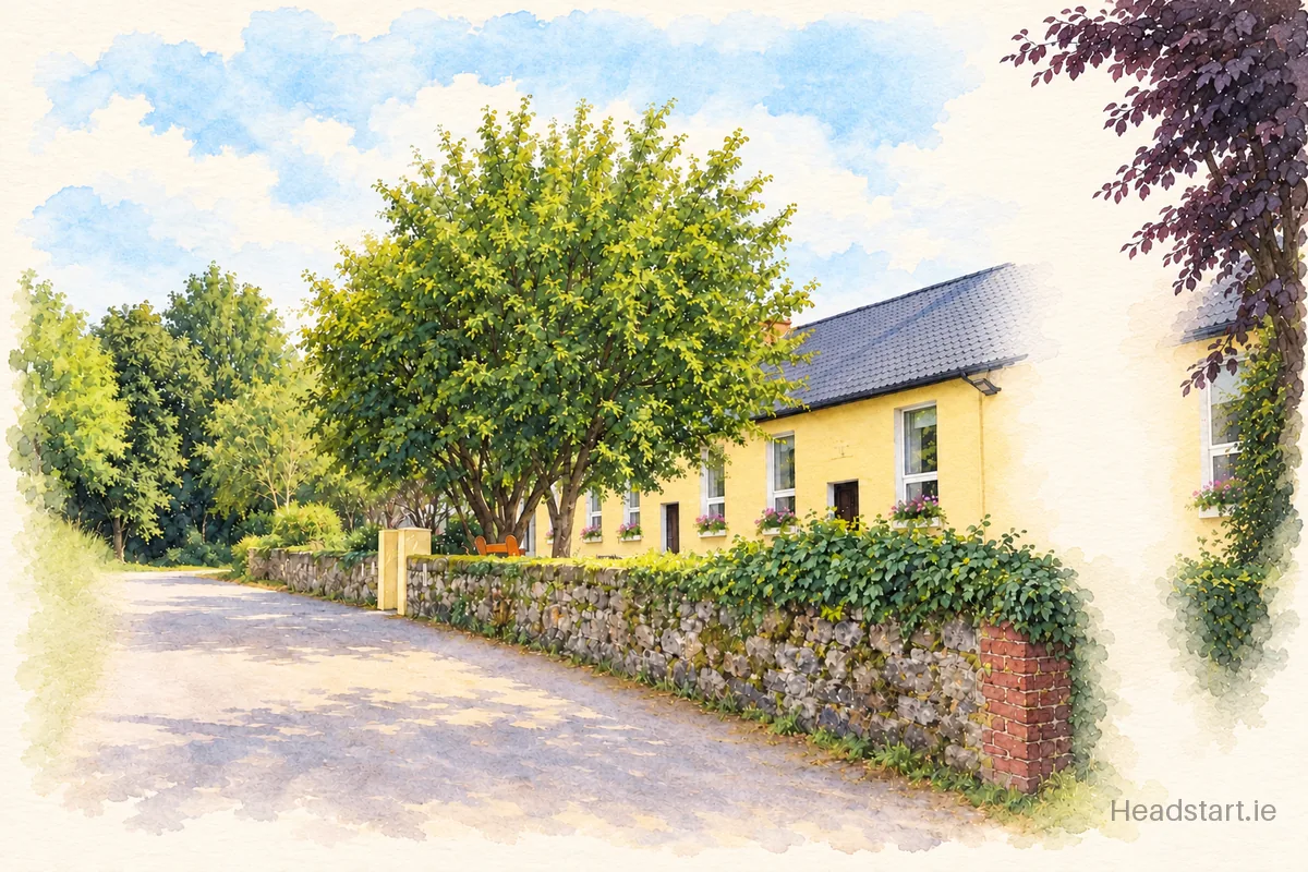 Watercolour illustration of the Ringaskiddy Lower Harbour National School building, Ringaskiddy
