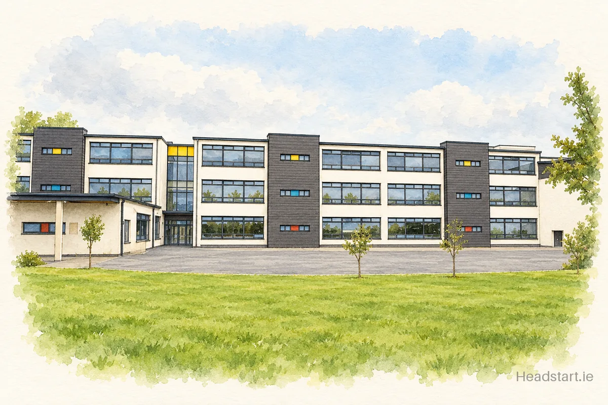 Watercolour illustration of the Gaelscoil Na Ndeise building, Waterford