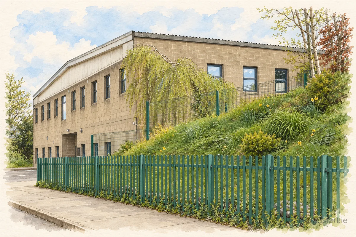 Watercolour illustration of the Gaelscoil Na Boinne building, Trim