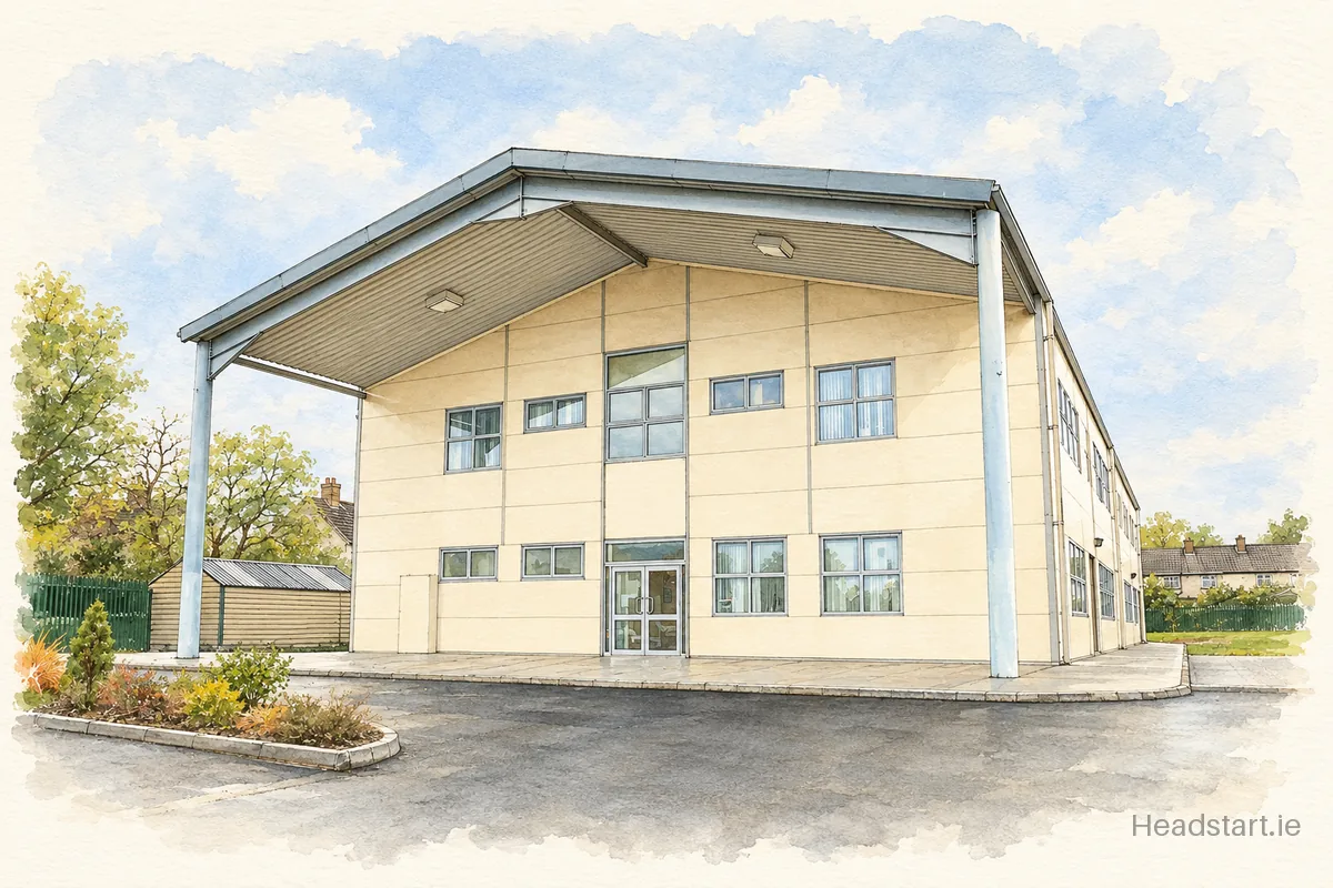 Watercolour illustration of the Gaelscoil Cholmcille building, Baile Átha Cliath 17