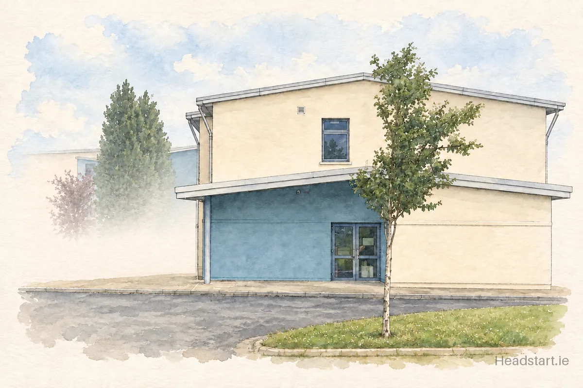 Watercolour illustration of the Monkstown Educate Together National School building, Dun Laoghaire