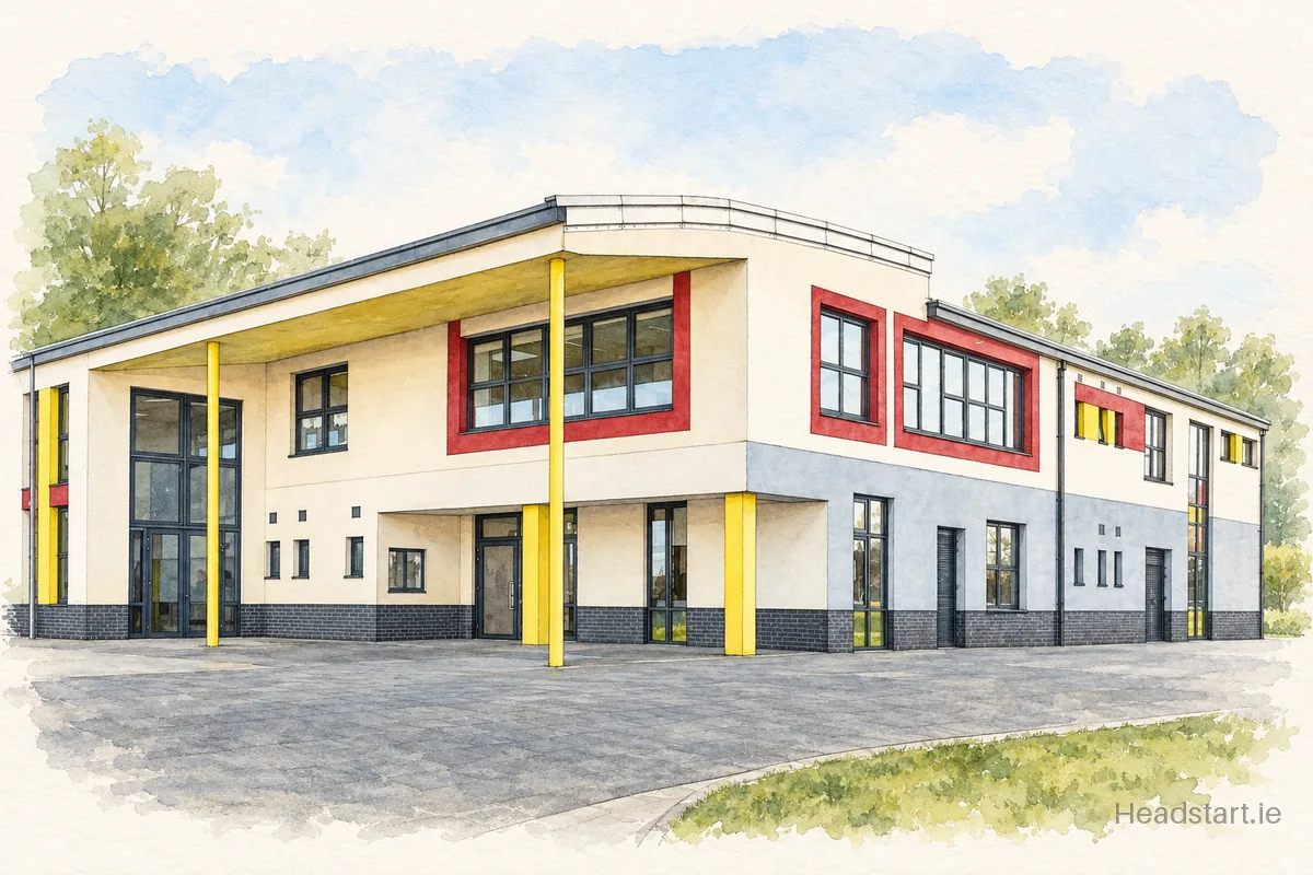 Watercolour illustration of the Gaelscoil Iarfhlatha building, Tuam
