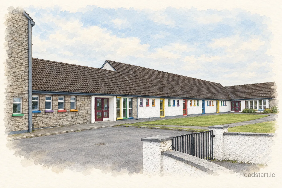 Watercolour illustration of the St Marys National School building, Cloghan