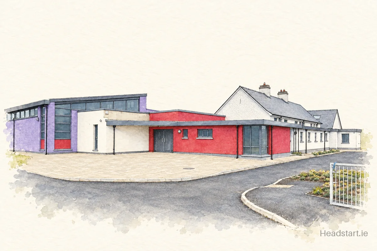 Watercolour illustration of the Scoil Bhride building, Rathdowney