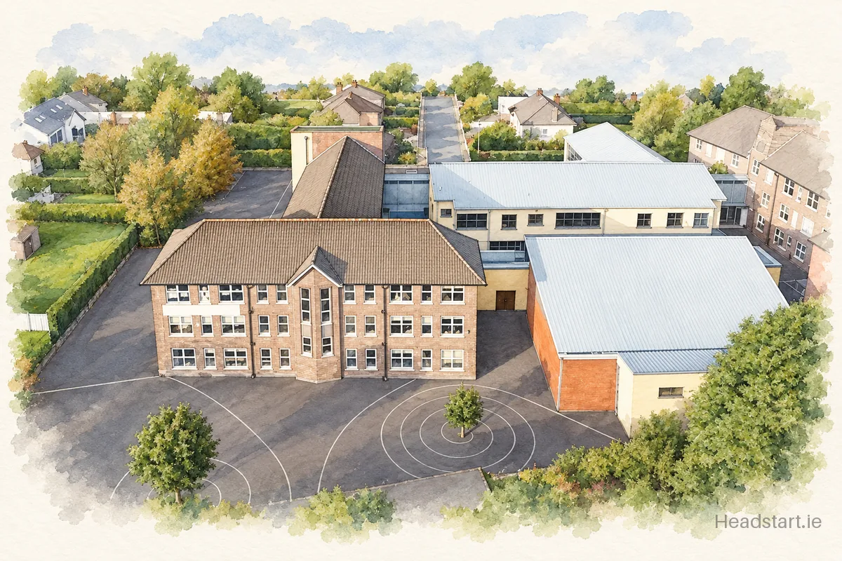 Watercolour illustration of the Scoil An Spioraid Naomh (Boys) building, Bishopstown