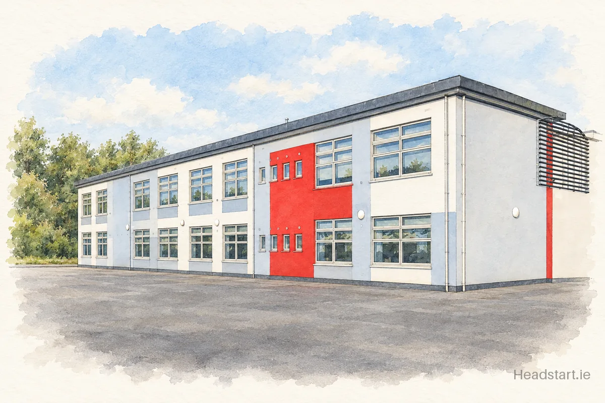 Watercolour illustration of the Gaelscoil Phortlaoise building, Portlaoise