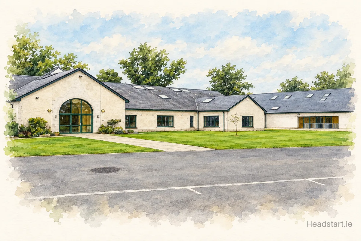 Watercolour illustration of the Killashee Multi-Denominational National School building, Naas