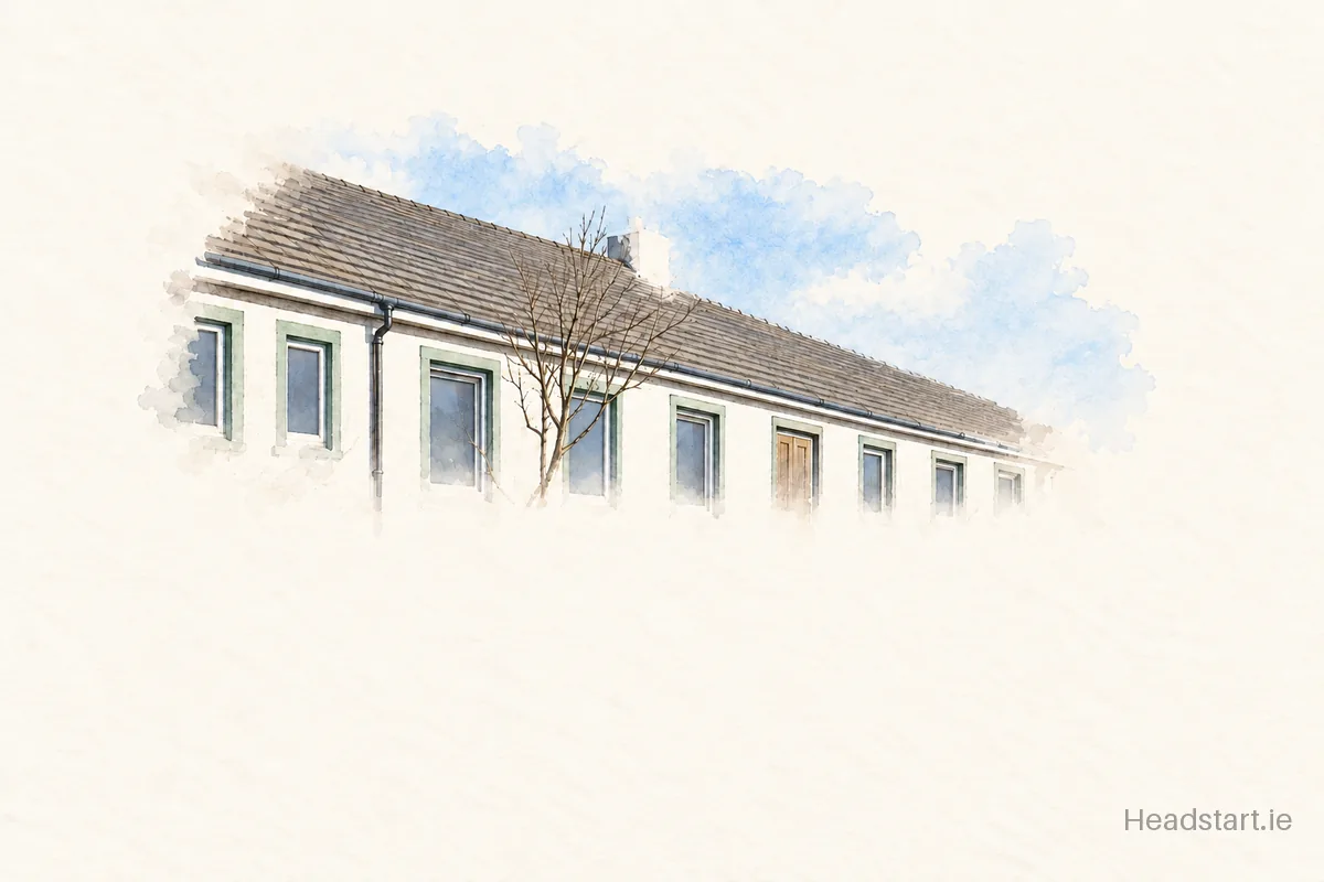 Watercolour illustration of the Scoil Mhuire National School building, Schull