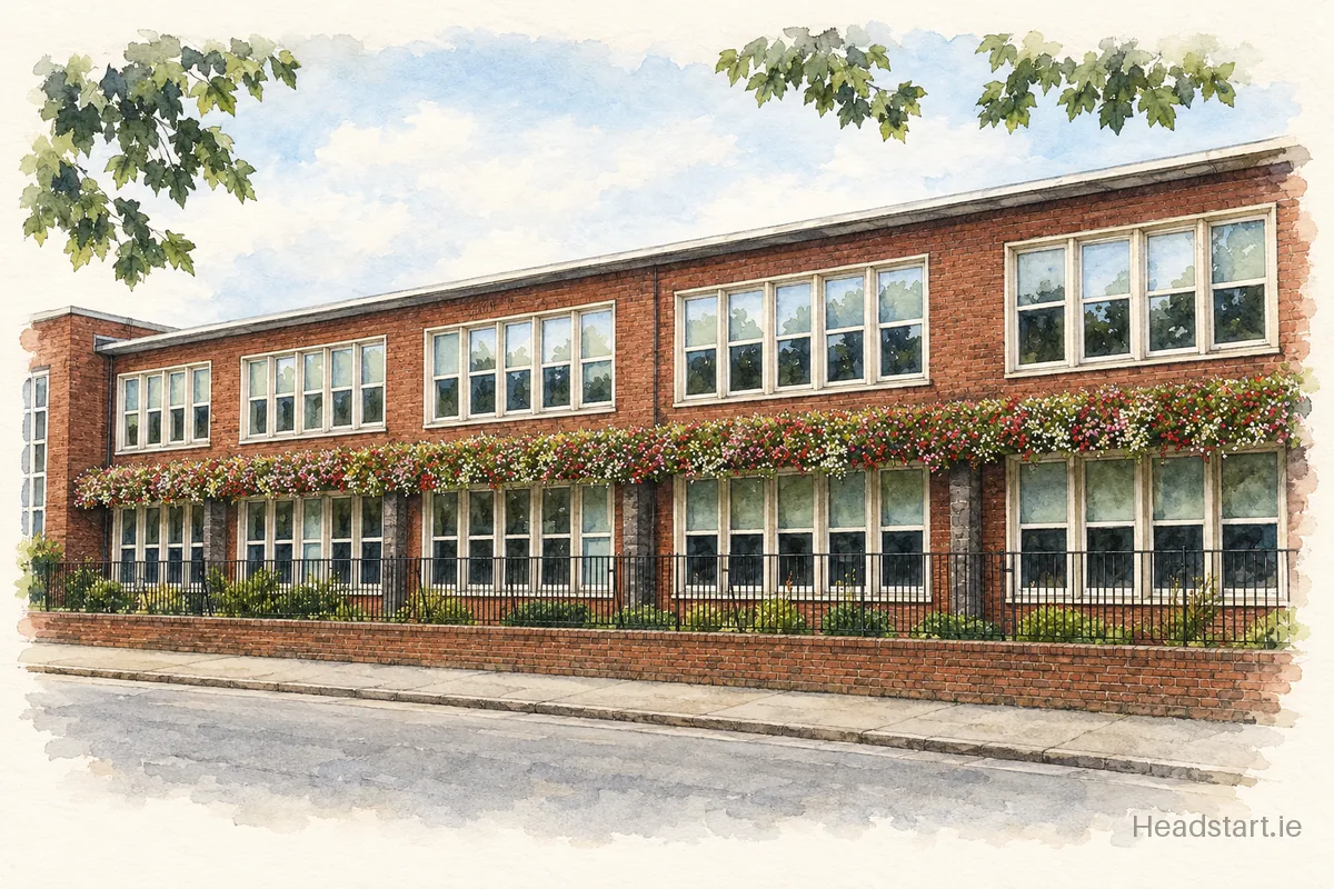 Watercolour illustration of the St Audoens National School building, Merchant's Quay