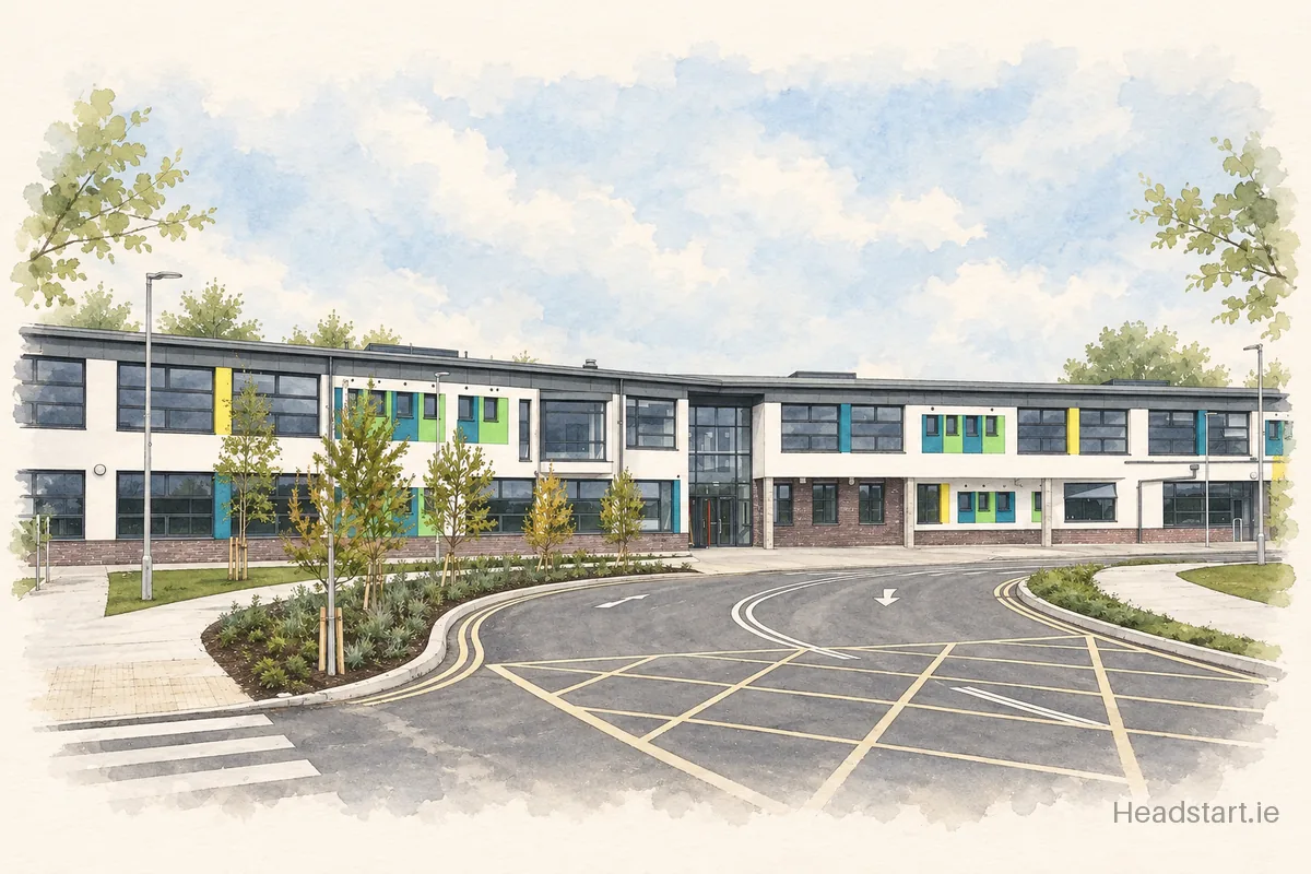 Watercolour illustration of the Gaelscoil Mhainistir Na Corann building, Midleton