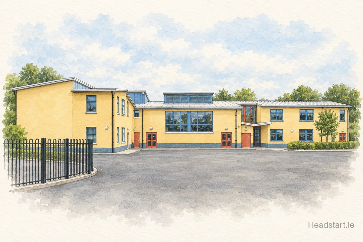 Watercolour illustration of the St. John the Apostle, Knocknacarra National School building, Galway