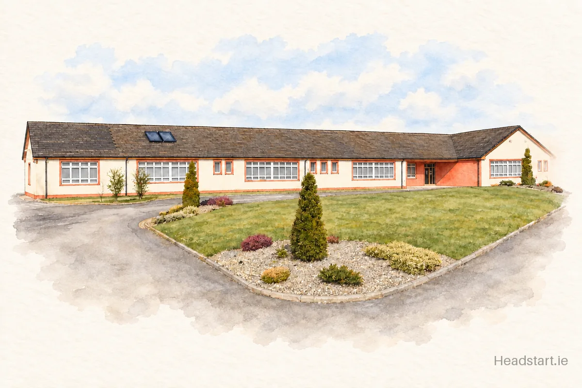 Watercolour illustration of the Holy Family National School building, Rathmore
