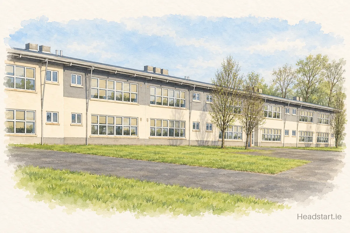 Watercolour illustration of the Scoil Bríd building, Naas