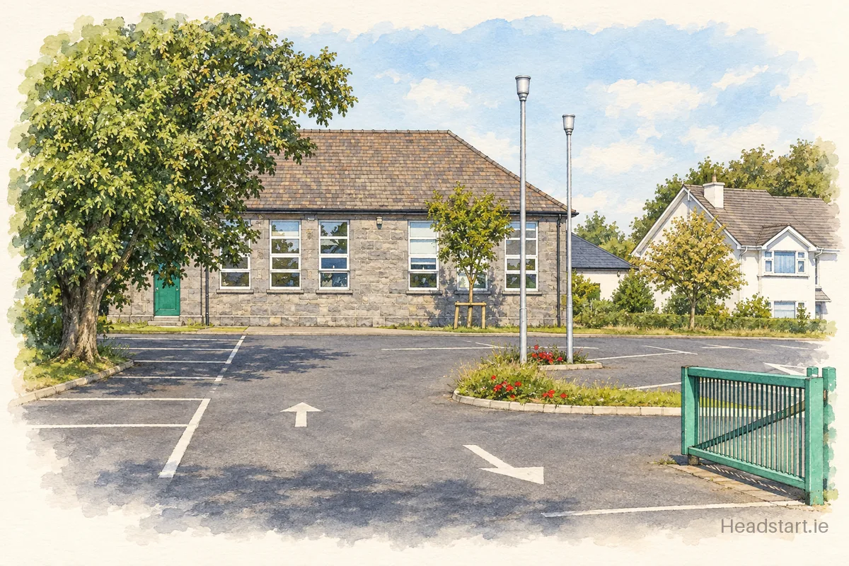 Watercolour illustration of the Scoil Einne building, Galway