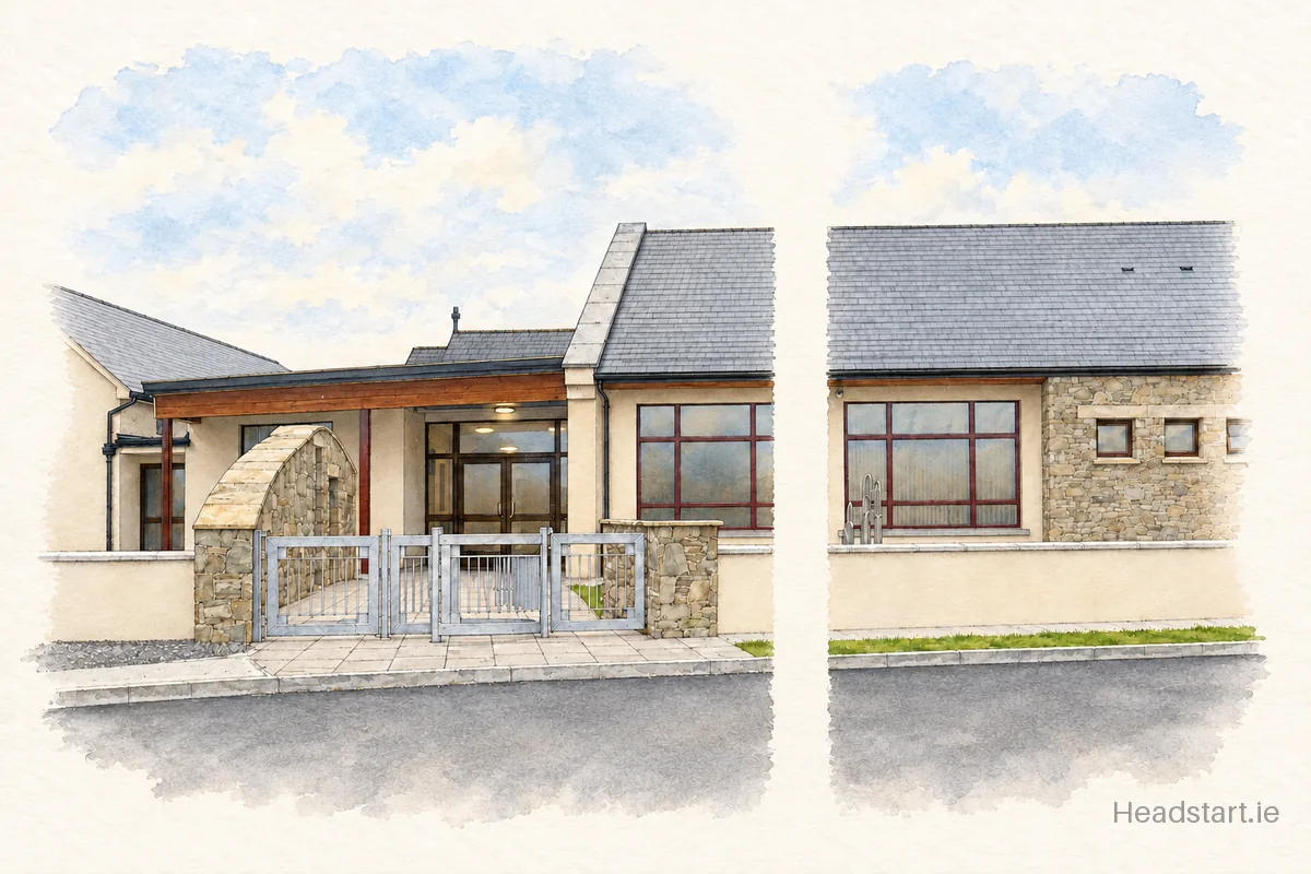 Watercolour illustration of the Scoil Bhride building, Portlaoise