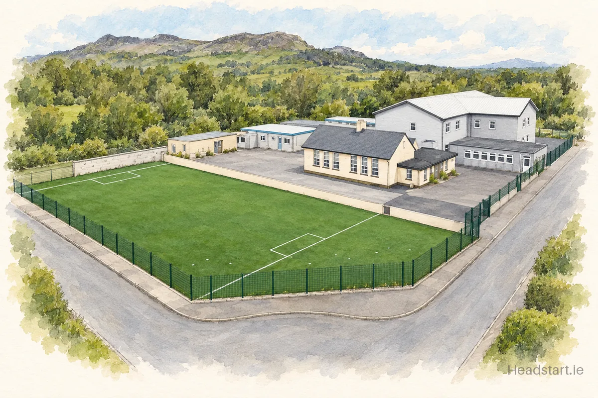 Watercolour illustration of the Scoil Mhuire Agus Iosaf building, Collooney