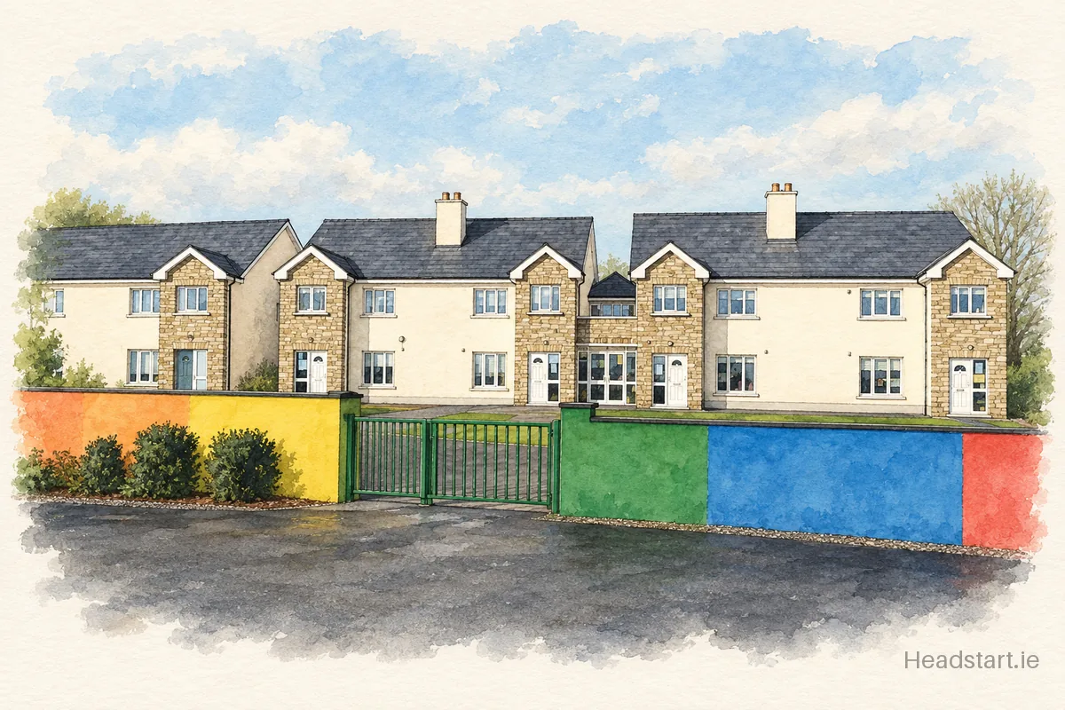 Watercolour illustration of the Gaelscoil de hIde building, Roscommon
